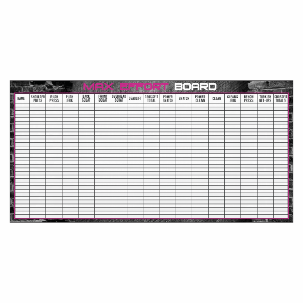 Custom whiteboard for CrossFit gyms with logo and max tracking