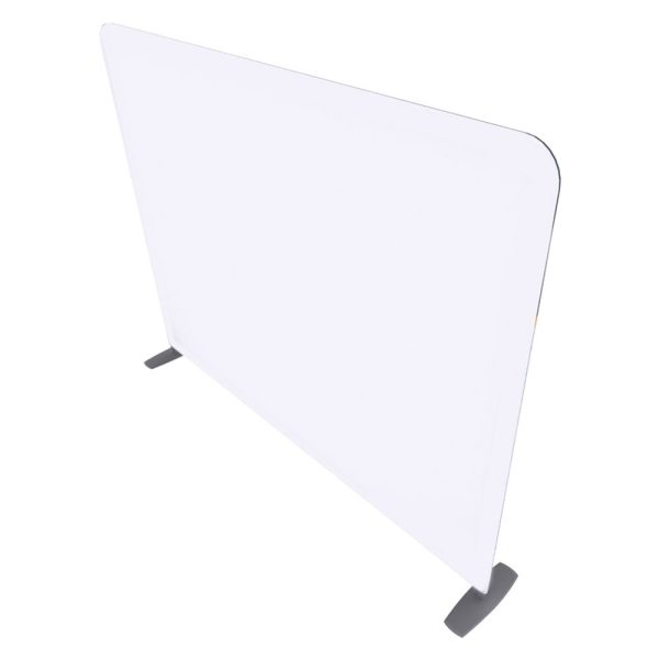 Angled view of 10ft tension fabric display with smooth white graphic