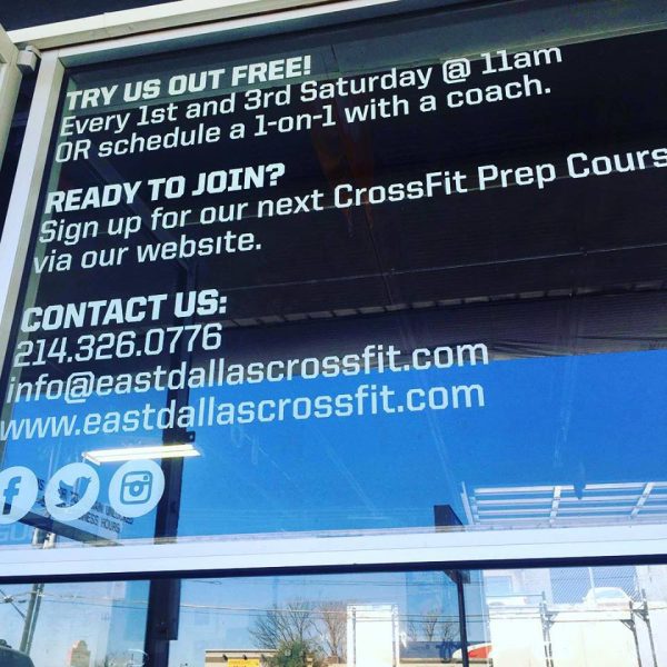 CrossFit gym window decal with free class info and contact details