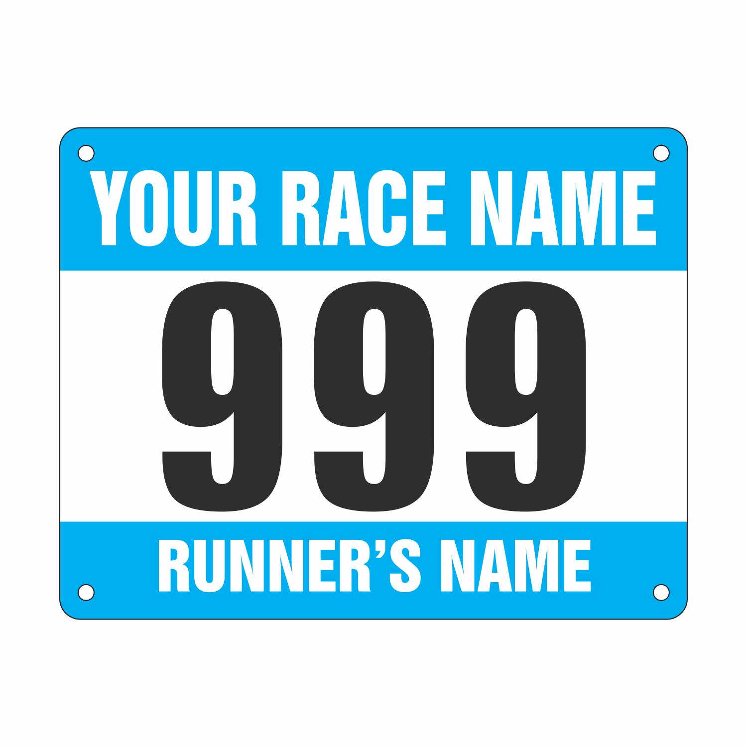 Custom race bib template with number 999 and editable text fields