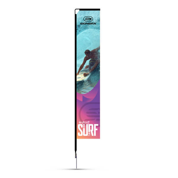 Surfer-themed 7' rectangle flag with vibrant blue and pink gradient background.
