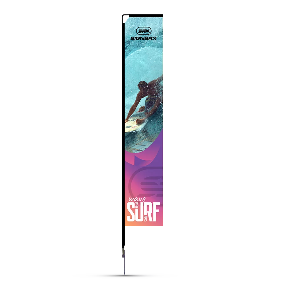 Surfer-themed 7' rectangle flag with vibrant blue and pink gradient background.