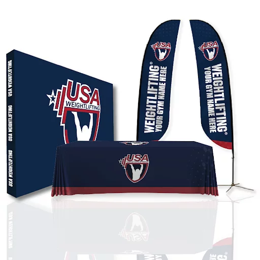 USAW Competition Package 3 - Complete USA Weightlifting event display kit with pop-up wall and flags
