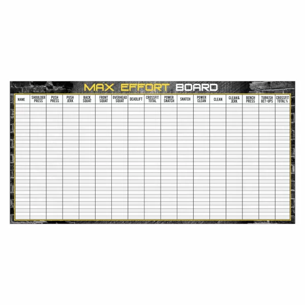 Branded gym whiteboard for max lifts and daily workout updates
