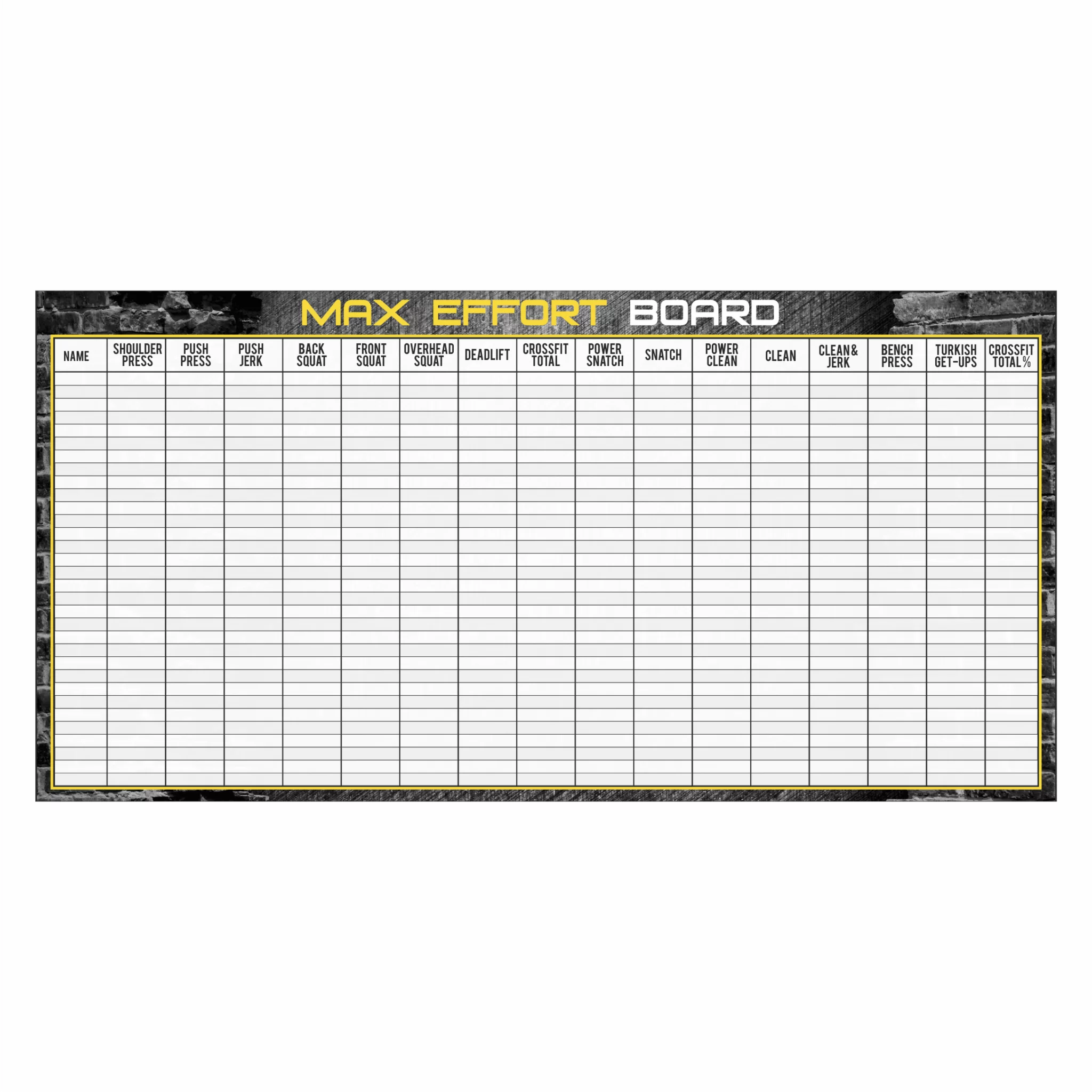 Branded gym whiteboard for max lifts and daily workout updates