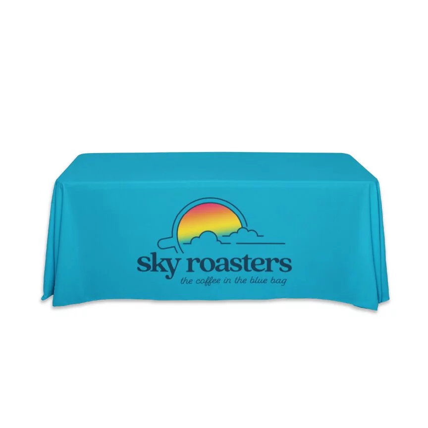Custom full color table throw for trade shows, exhibitions, and any type of presentation.