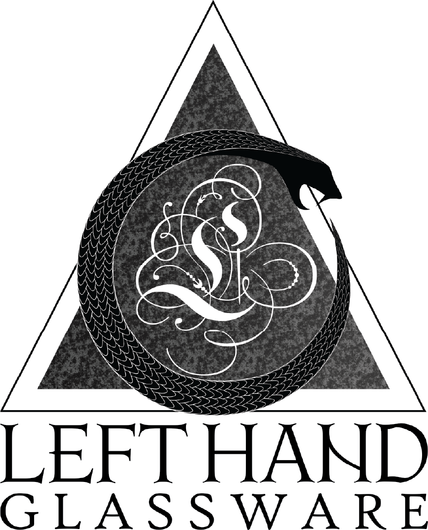 Left Hand Glassware logo featuring snake circle and ornate monogram