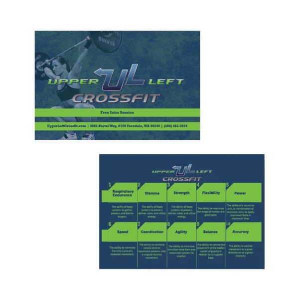 Dual-sided CrossFit postcard featuring gym info and fitness metrics.