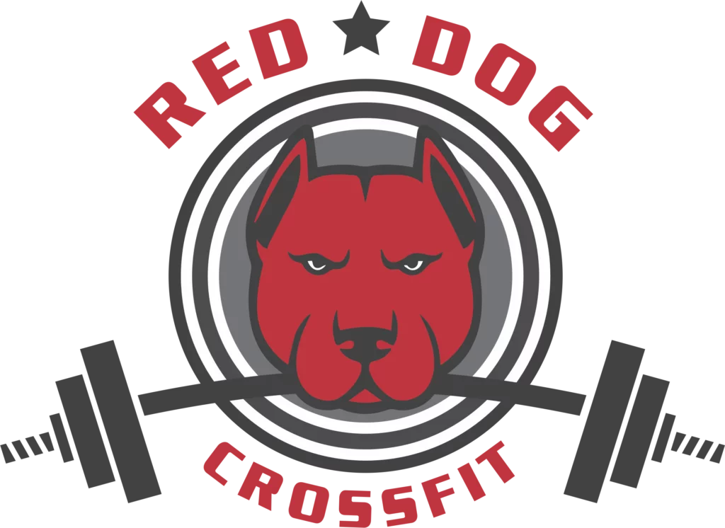 Red Dog CrossFit branding with fierce dog icon and strength theme