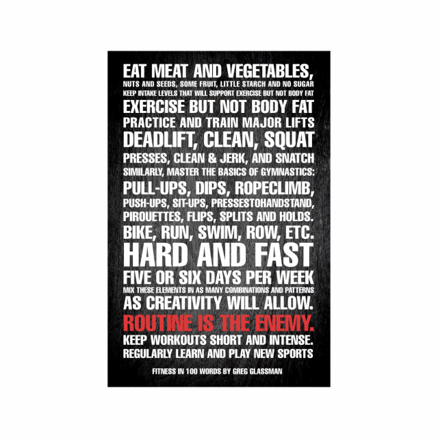 Poster displaying the 100 words of fitness in bold, modern typography.