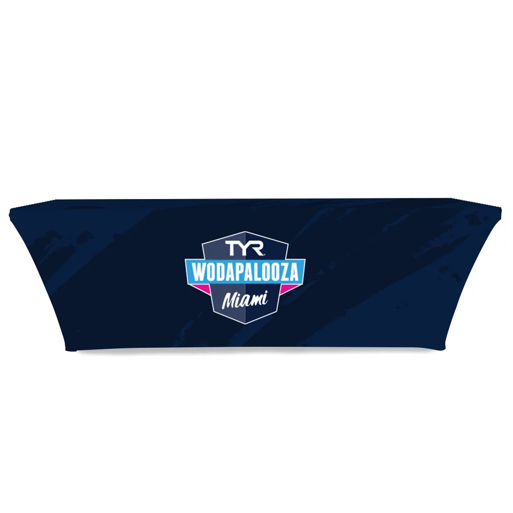 Custom printed stretch table throw trade shows, exhibitions, and any type of presentation.