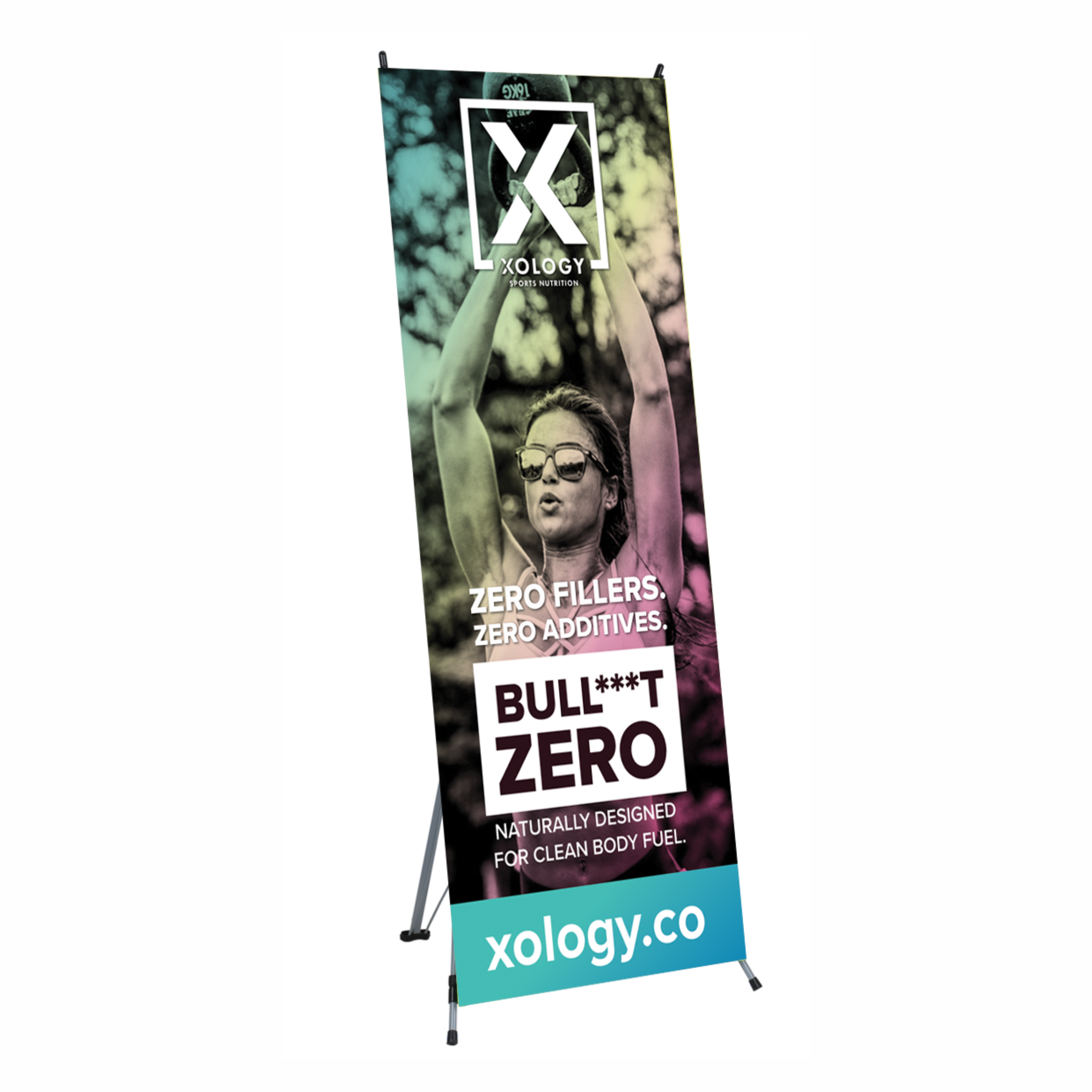 Durable X-stand banner display with UV-printed double-white insert