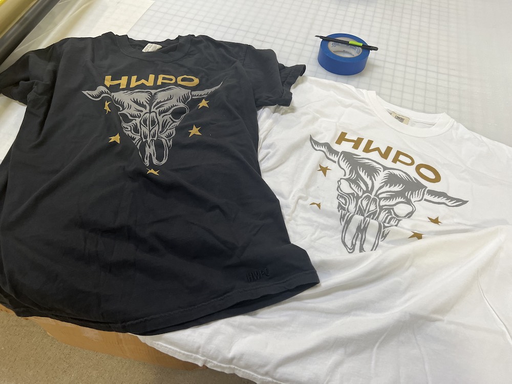 Custom HWPO t-shirts with bull skull design printed using plastisol ink