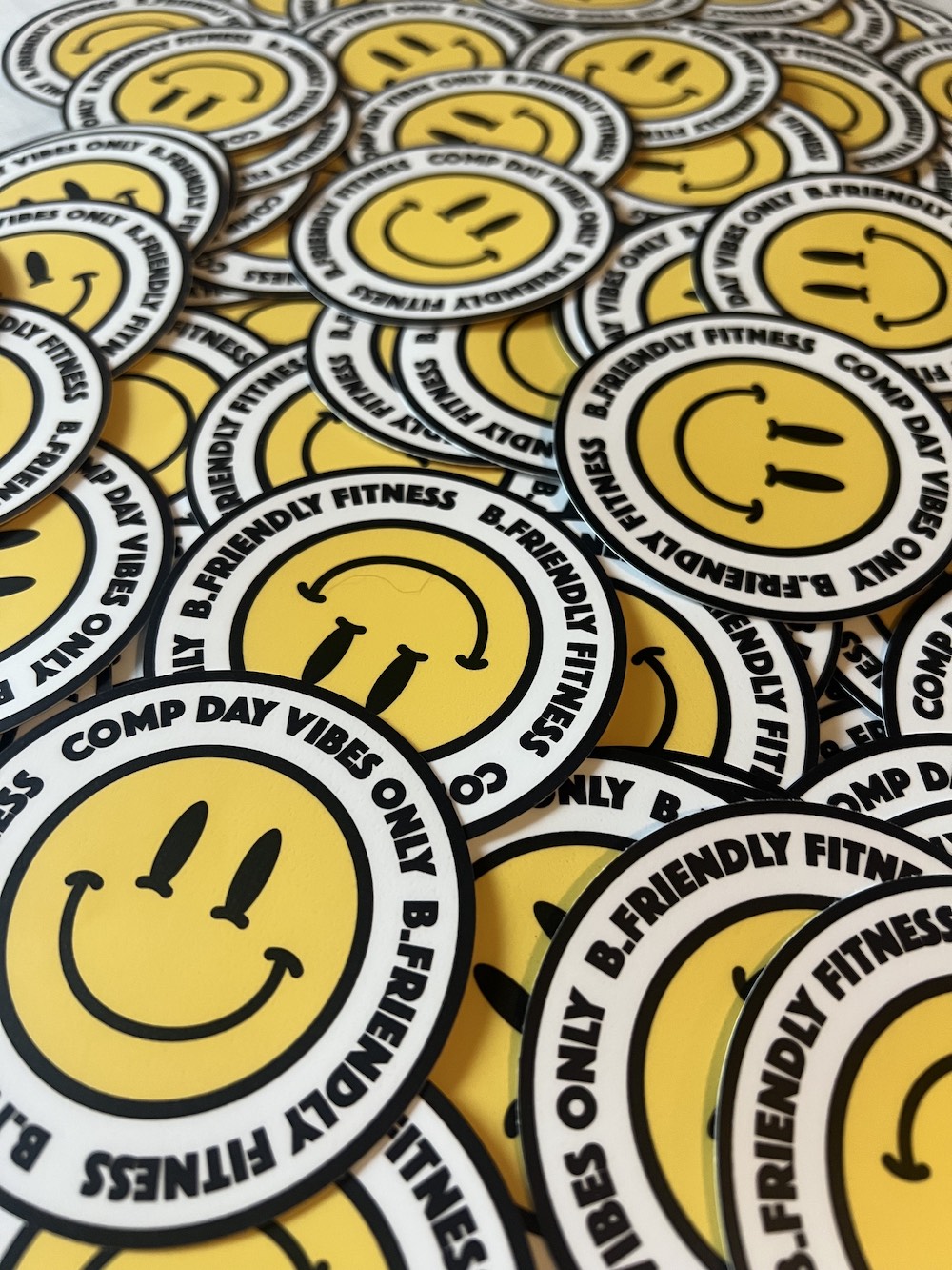 Custom B.Friendly Fitness stickers for gym promo and competition swag