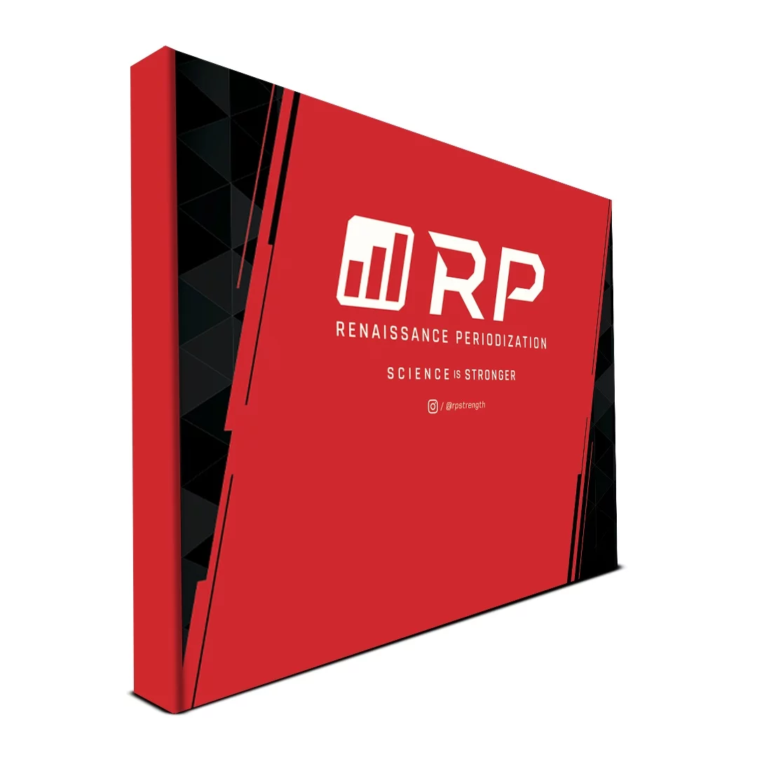 Red RP fabric pop-up display with bold logo and tagline.