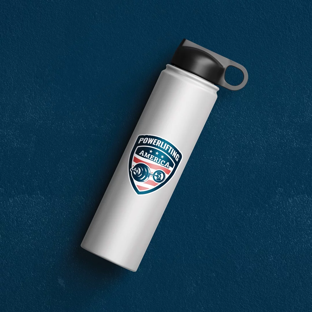 Powerlifting America Badge Sticker on water bottle