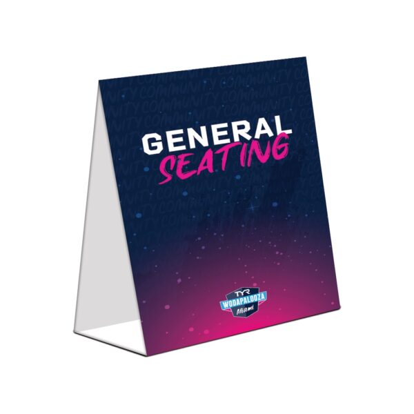 Folded A-frame sign reading "General Seating" with Wodapalooza Miami logo.