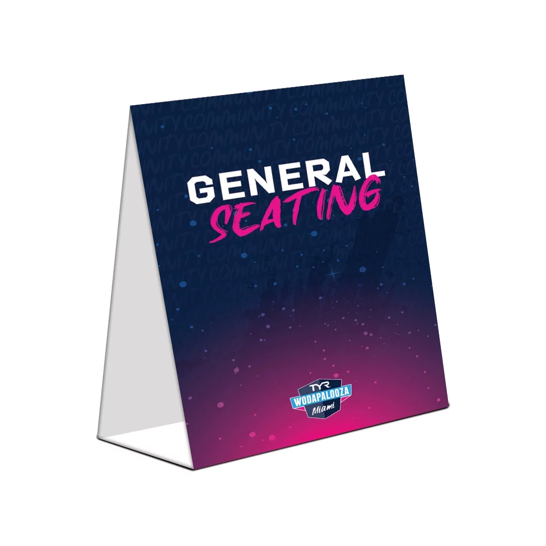 Folded A-frame sign reading "General Seating" with Wodapalooza Miami logo.