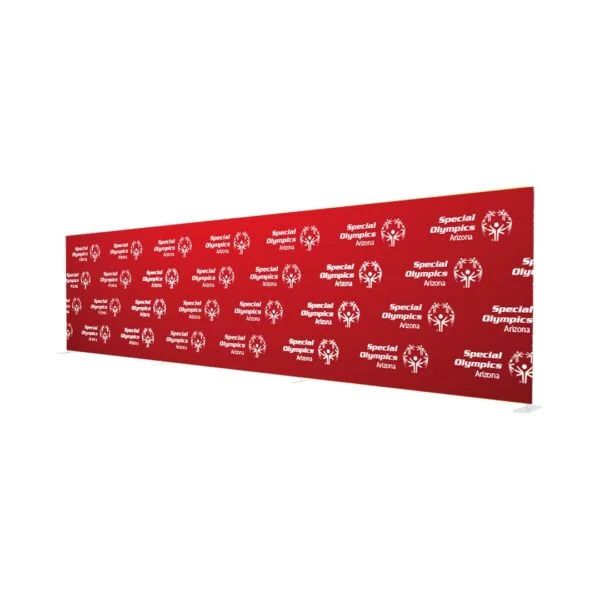 A sleek 30ft tension stand with a tall, modern frame designed to showcase large custom graphics. The sturdy stand stretches the fabric smoothly, creating a seamless display perfect for trade shows, events, or promotional exhibits.