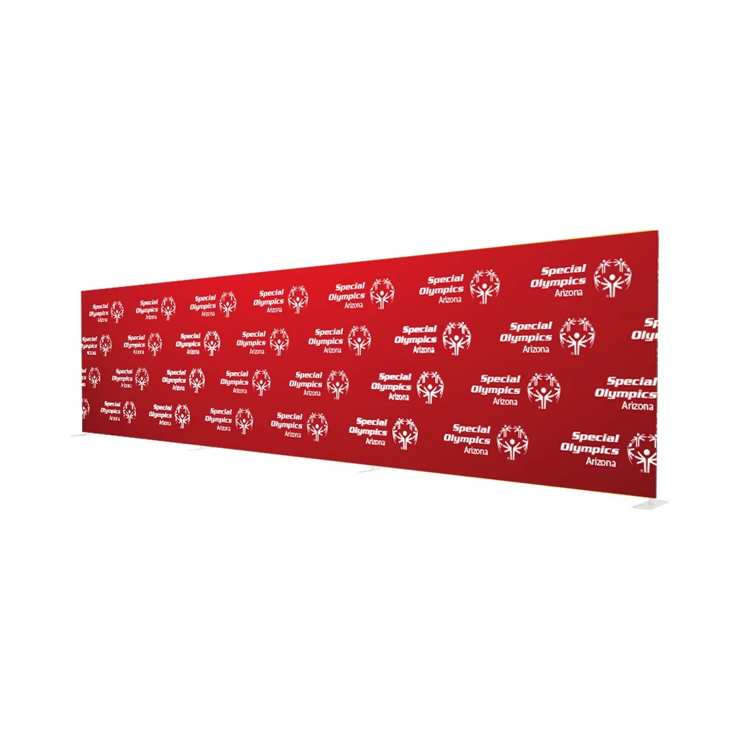 A sleek 30ft tension stand with a tall, modern frame designed to showcase large custom graphics. The sturdy stand stretches the fabric smoothly, creating a seamless display perfect for trade shows, events, or promotional exhibits.