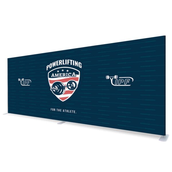 Powerlifting America 20ft backdrop with logo and IPF branding