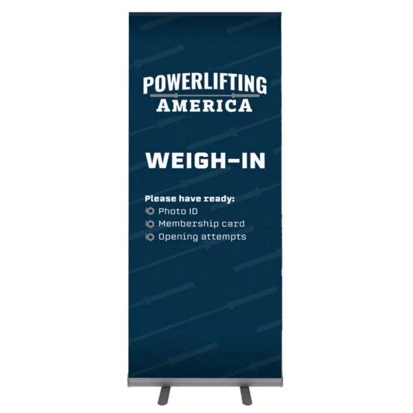 Powerlifting America Weigh-In retractable banner with bold logo and title.