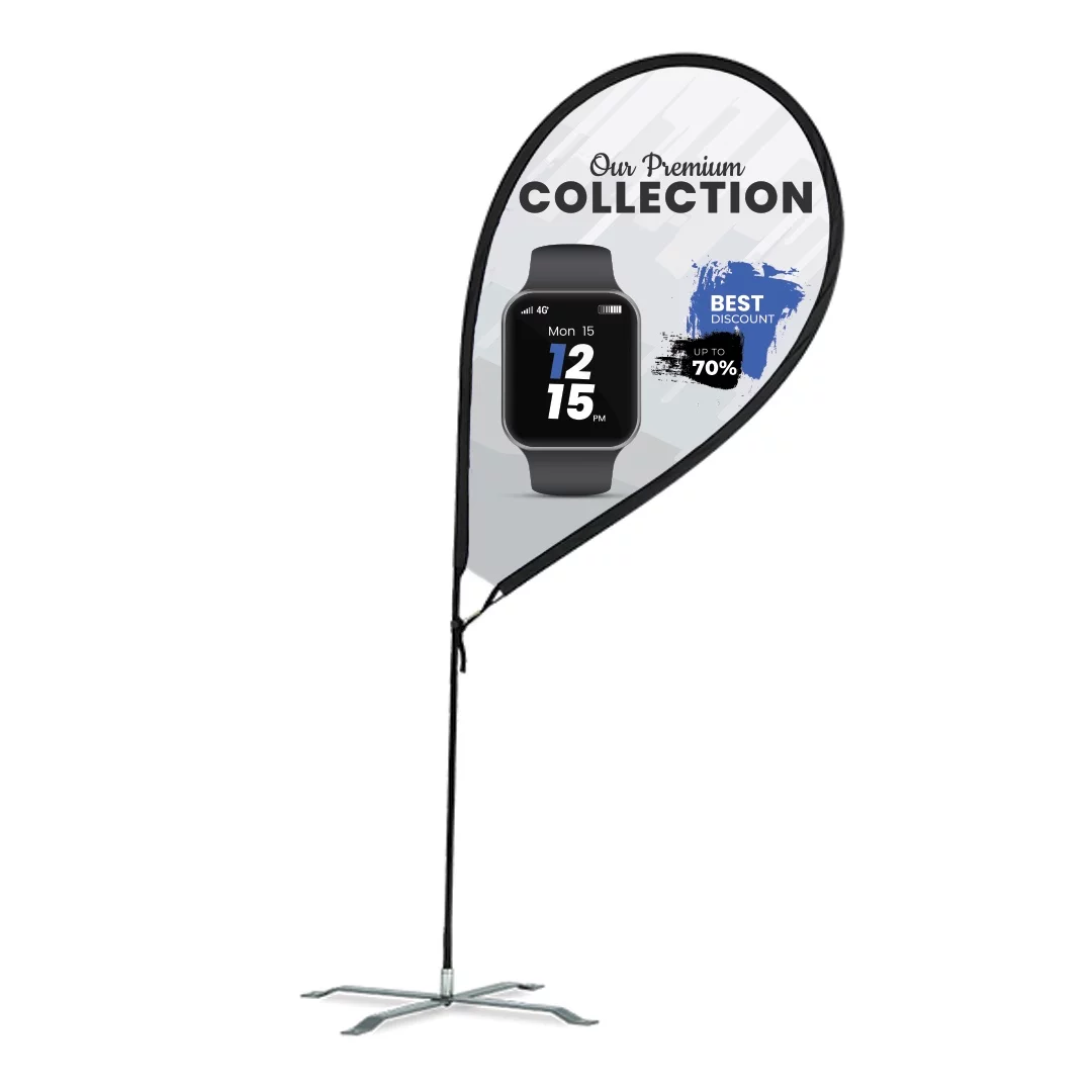 A custom R-shaped flag, featuring a bold and dynamic design. The flag stands tall with the distinct 'R' silhouette, showcasing vibrant colors and sharp graphics that make it an eye-catching display for branding or events.