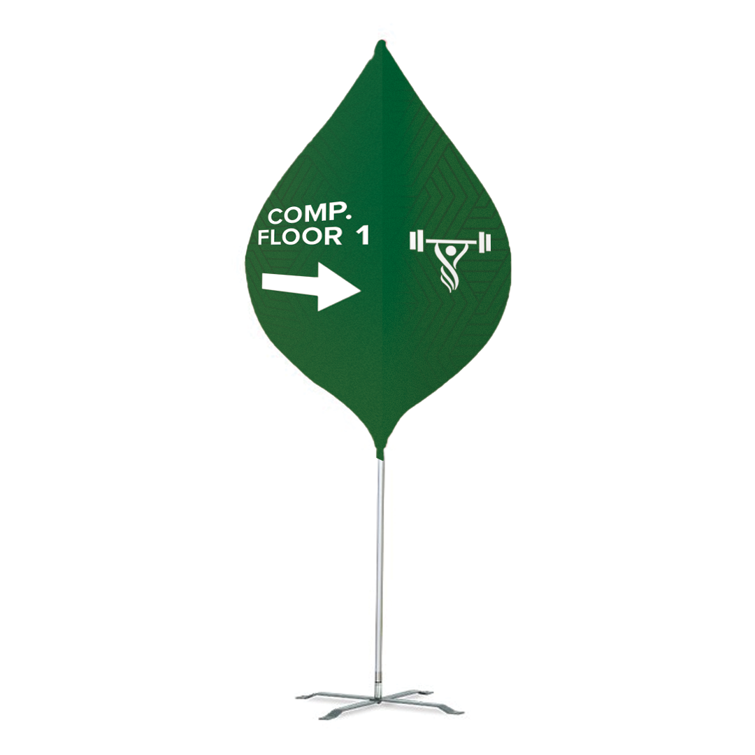A Spinning Dart Flag featuring a dynamic teardrop shape that rotates with the wind. The flag's vibrant, custom design is displayed on a sleek, durable pole, creating a captivating and continuous motion ideal for outdoor events or promotions.