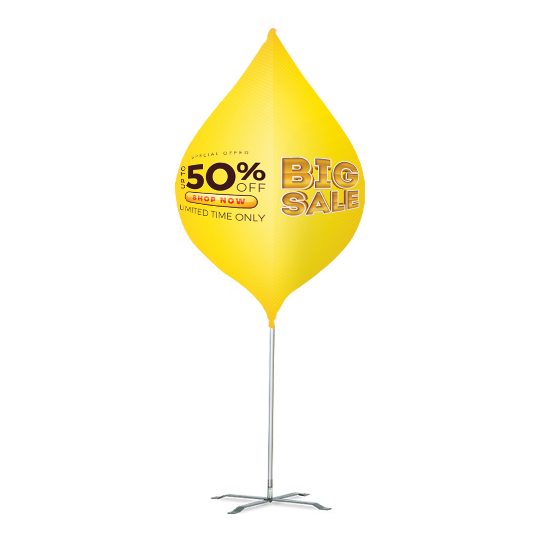 A Spinning Dart Flag featuring a dynamic teardrop shape that rotates with the wind. The flag's vibrant, custom design is displayed on a sleek, durable pole, creating a captivating and continuous motion ideal for outdoor events or promotions.