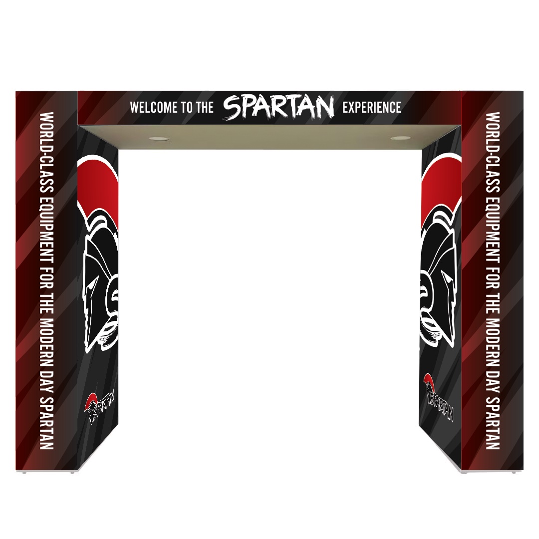Spartan-branded archway with helmet graphics and bold welcome message
