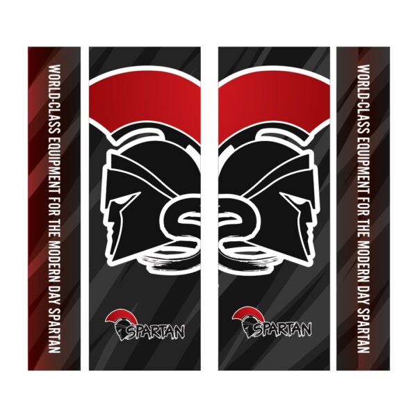 Spartan-branded tradeshow archway display with bold helmet graphics