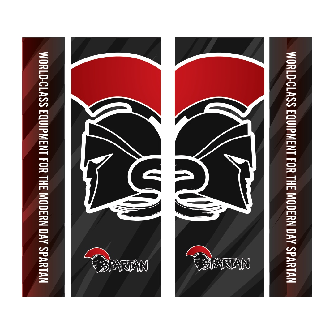 Spartan-branded tradeshow archway display with bold helmet graphics