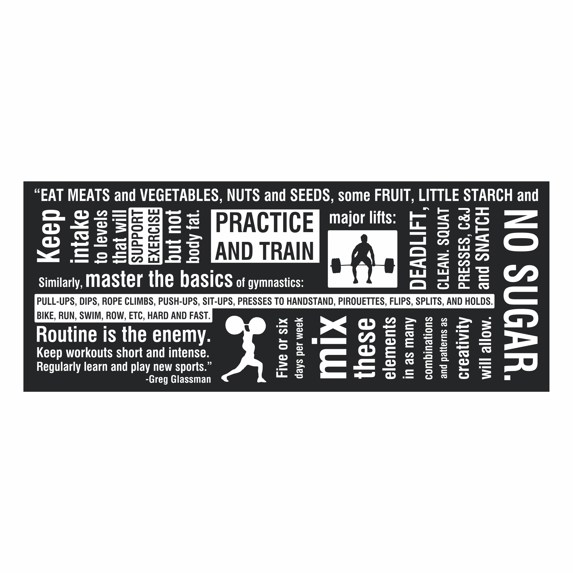 Motivational 100 Words of Fitness sign, perfect for gym walls to inspire focus and effort.