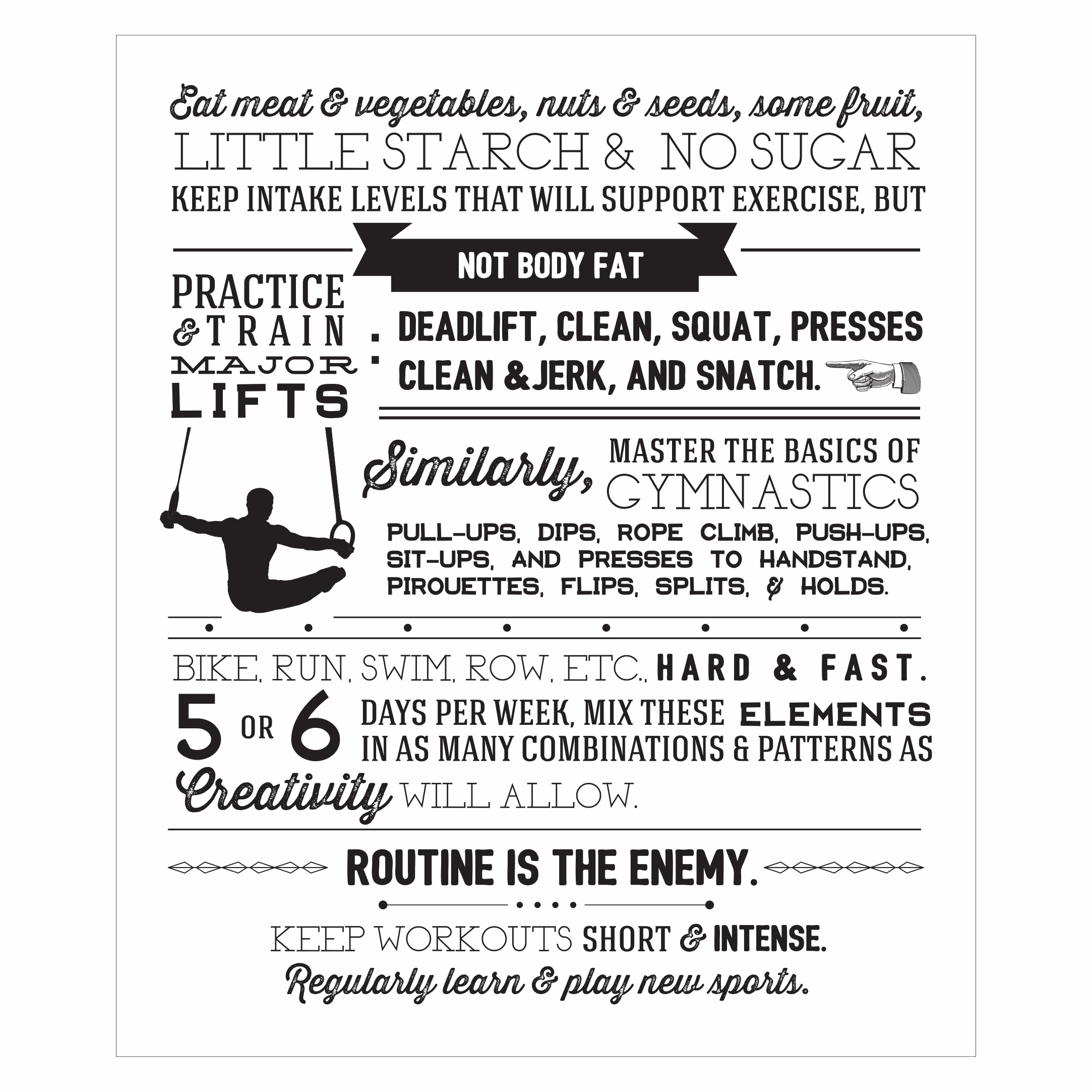 100 Words of Fitness sign promoting core values displayed in gym settings