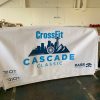Branded crowd control barricade wrap at sports venue