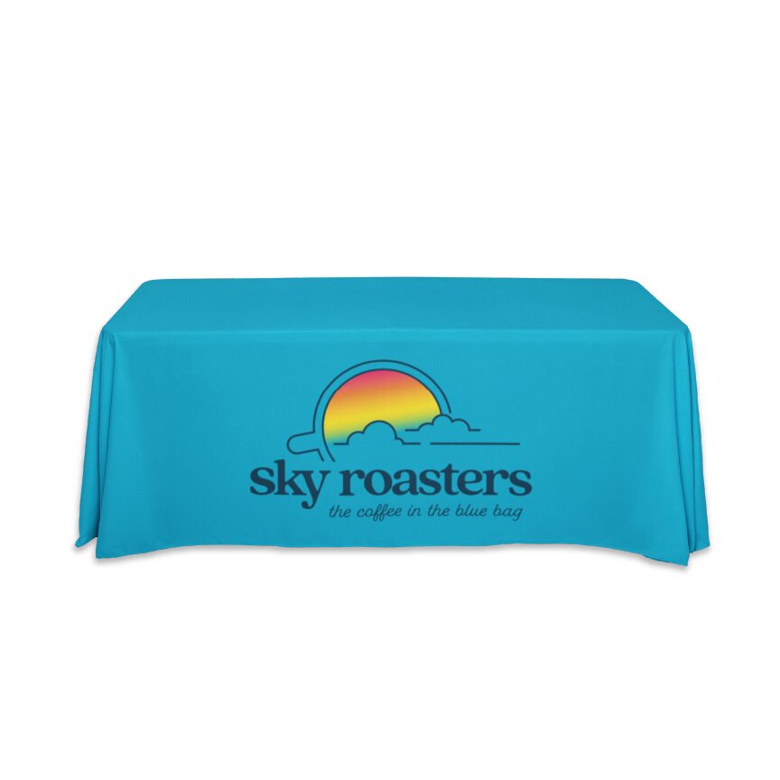 Custom full color table throw for trade shows, fits 6ft or 8ft tables, open or full back.