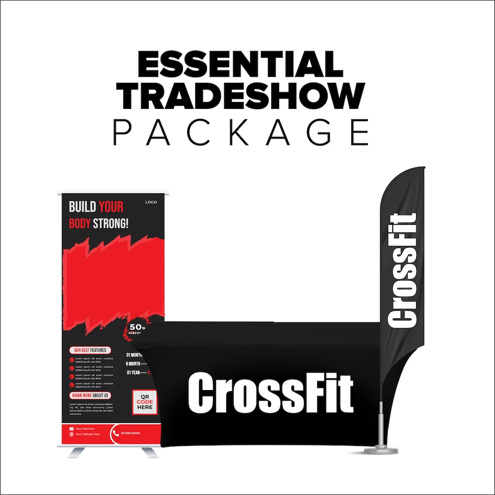 Essential trade show package highlighting booth setup with branded signage
