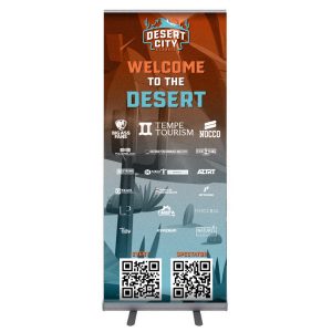 Custom banner displayed on the SRX Roll Up retractable stand at a trade show